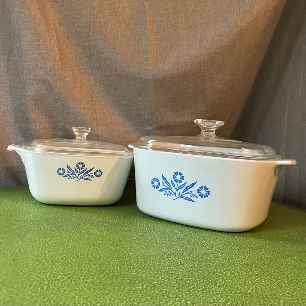 VINTAGE CORNING WARE Blue Cornflower Casserole Set Square & Lids - 1.5 qt + 3 qt